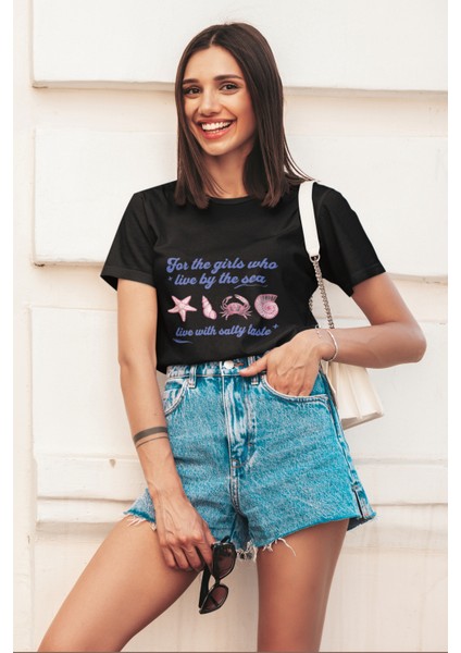 Sea Baskılı Standart Kalıp Bisiklet Yaka Pamuklu Kadın Tshırt