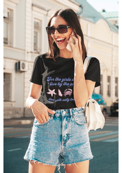 Sea Baskılı Standart Kalıp Bisiklet Yaka Pamuklu Kadın Tshırt fiyatları