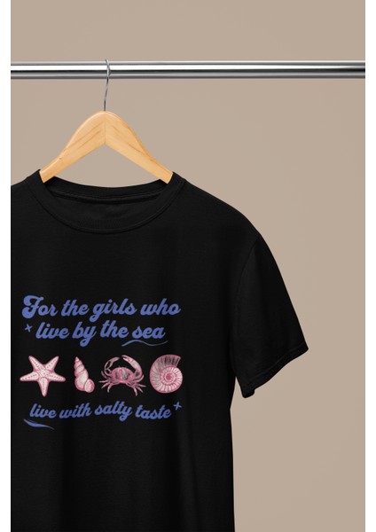 Sea Baskılı Standart Kalıp Bisiklet Yaka Pamuklu Kadın Tshırt modelleri