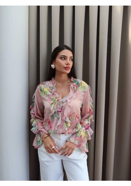 Şifon Çiçekli Volan Gömlek