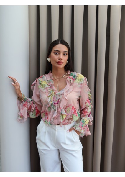 Şifon Çiçekli Volan Gömlek fiyatları