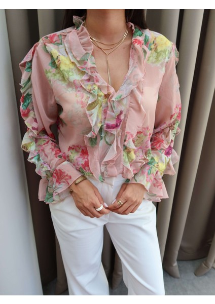 Şifon Çiçekli Volan Gömlek modelleri