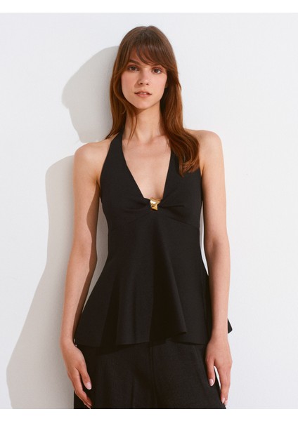 10787 Halter Yaka Metal Detaylı Peplum Triko Bluz-Siyah