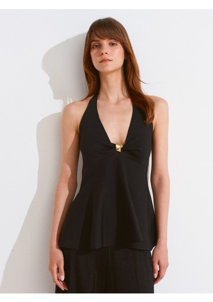 10787 Halter Yaka Metal Detaylı Peplum Triko Bluz-Siyah indirimleri