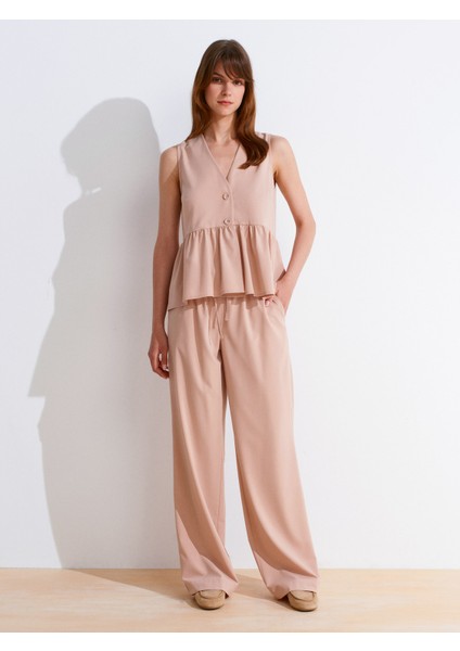 50508 Düğmeli Kolsuz V Yaka Bluz-Pudra modelleri