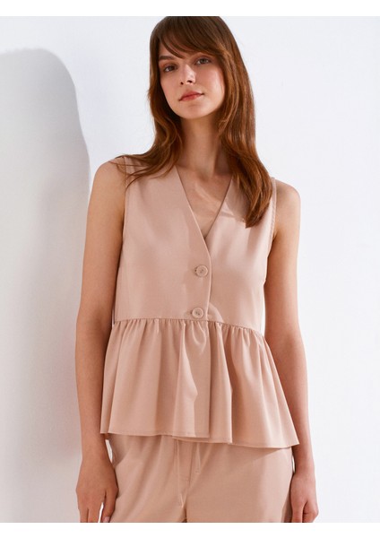 50508 Düğmeli Kolsuz V Yaka Bluz-Pudra indirimleri