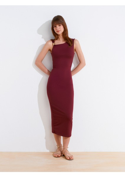 91493 Aksesuar Detaylı Asimetrik Elbise-Bordo