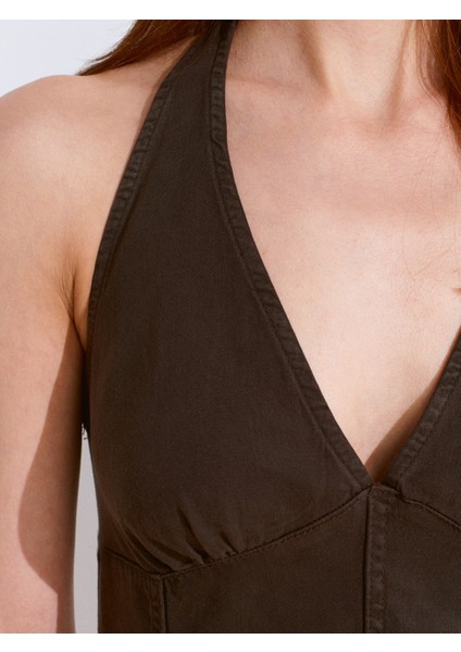 90568 Arka Bölümü Lastikli Kısa Denim Elbise-Kahve fırsatları