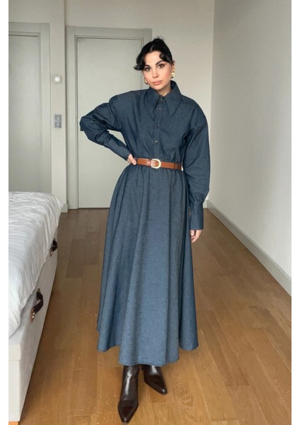 Denim Kemerli Kloş Etek ve Denim Gömlek Takım