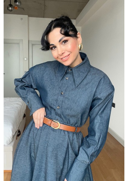 Denim Kemerli Kloş Etek ve Denim Gömlek Takım modelleri