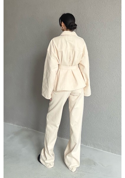 Krem Beli Bağlamalı Denim Ceket Pantolon Takım fırsatları