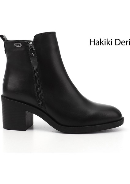 Kadın Siyah Fermuarlı Kalın Topuklu Hakiki Deri Bot