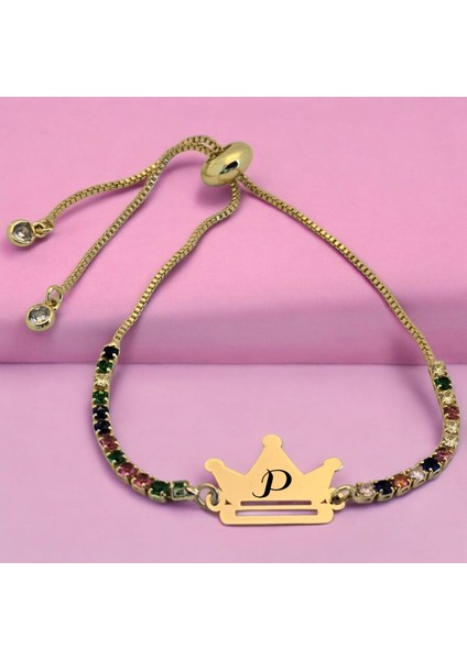 P Harfine Özel Taç Motifli 14 Ayar Altın Plakalı Renkli Taş Desenli Hediye Bileklik-489Harf fiyatları