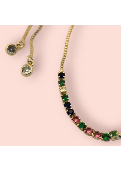 Seda İsmine Özel Renkli Taş Desenli Taç Motifli 14 Ayar Altın Plakalı Hediye Bileklik-489İsim