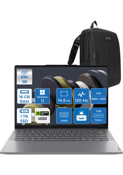 Yoga Pro 7 Intel Core Ultra 7 155H 16GB LPDDR5X 1tb SSD 6GB/RTX4050 14,5" 2,8k Wqxga+ (2880X1800) OLED 400NIT 120Hz Windows 11 Pro Taşınabilir Bilgisayar 14IMH950P02 + Zettaçanta