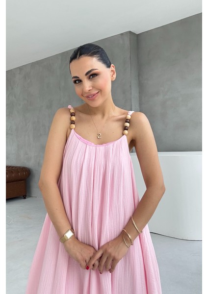 Pembe Boncuk Askı Detaylı Rahat Keten Elbise