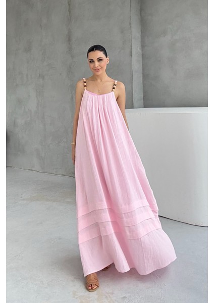 Pembe Boncuk Askı Detaylı Rahat Keten Elbise