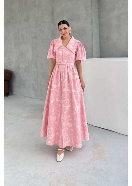 Pembe Çiçekli Kemer Detaylı Prenses Brode Elbise