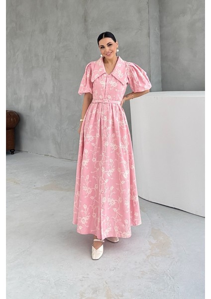 Pembe Çiçekli Kemer Detaylı Prenses Brode Elbise