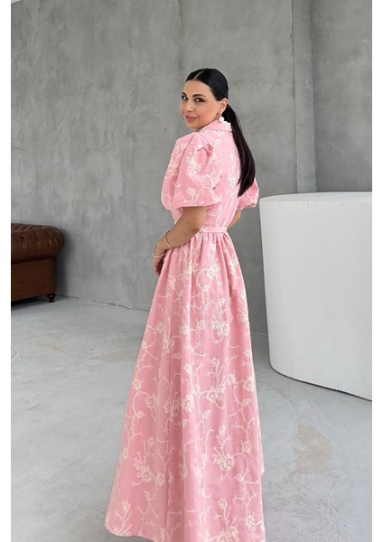Pembe Çiçekli Kemer Detaylı Prenses Brode Elbise