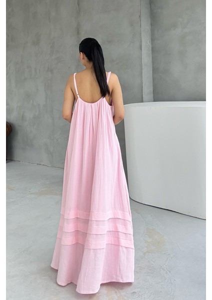 Pembe Boncuk Askı Detaylı Rahat Keten Elbise modelleri