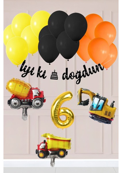 6 Yaş Inşaat Konsept Doğum Günü Balon Seti Inşaat Araçları Tema Balon Zinciri