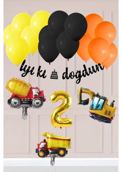 2 Yaş Inşaat Konsept Doğum Günü Balon Seti Inşaat Araçları Tema Balon Zinciri