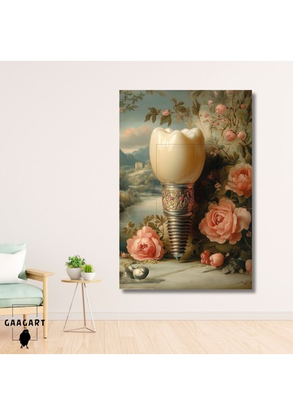 Tekli Dikey Kanvas Diş Poliklinik Tablosu Pembe Çiçekli Esikitme Implant