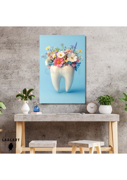 Tekli Dikey Kanvas Diş Poliklinik Tablosu Bahar Çiçekleri ve Diş