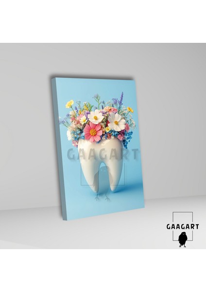 Tekli Dikey Kanvas Diş Poliklinik Tablosu Bahar Çiçekleri ve Diş fiyatları