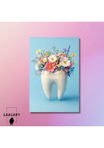 Tekli Dikey Kanvas Diş Poliklinik Tablosu Bahar Çiçekleri ve Diş modelleri