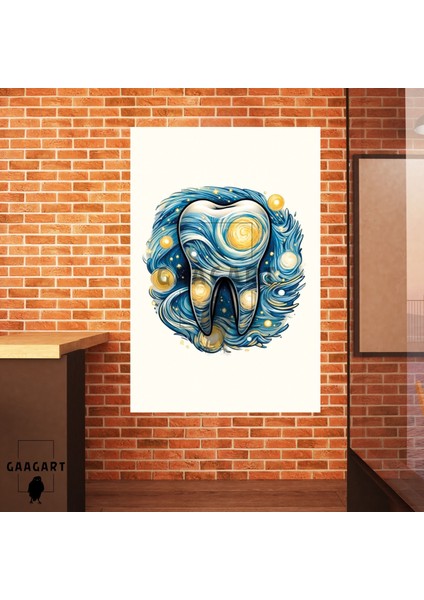 Tekli Dikey Kanvas Diş Poliklinik Tablosu Yıldızlı Gece Tasarımlı Diş