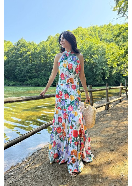 Halter Yaka Çok Renkli Çiçekli Elbise