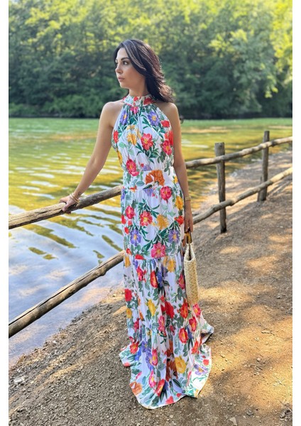 Halter Yaka Çok Renkli Çiçekli Elbise