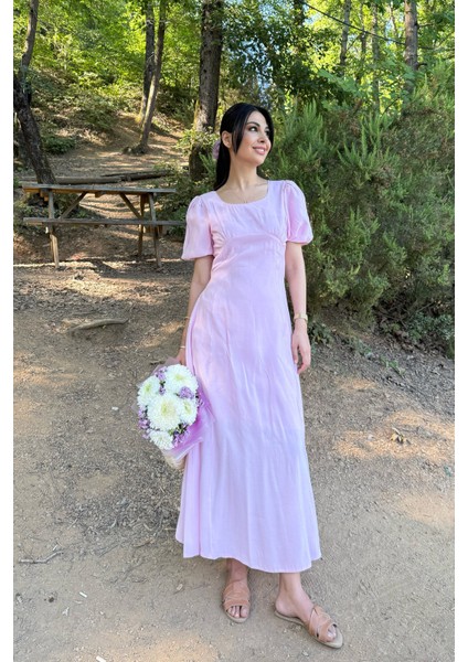 Pembe Göğüs Büzgülü Elbise
