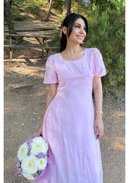 Pembe Göğüs Büzgülü Elbise