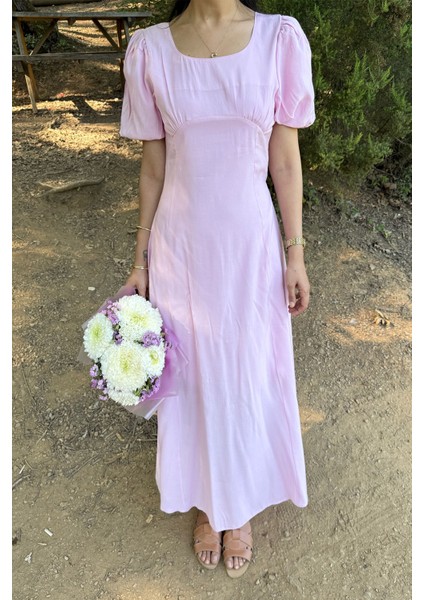 Pembe Göğüs Büzgülü Elbise