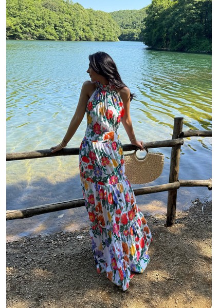 Halter Yaka Çok Renkli Çiçekli Elbise