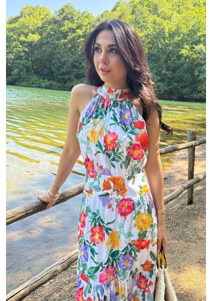 Halter Yaka Çok Renkli Çiçekli Elbise
