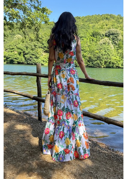 Halter Yaka Çok Renkli Çiçekli Elbise