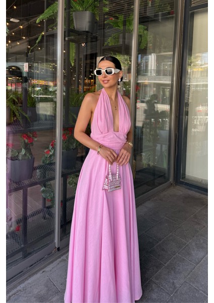 Pembe Puglia Tasarım Sırt Detaylı Keten Elbise