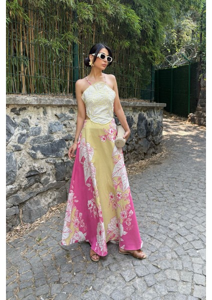 Pembe Renkli Positano Sırt Bağlamalı ve Çiçek Desenli Keten Elbise