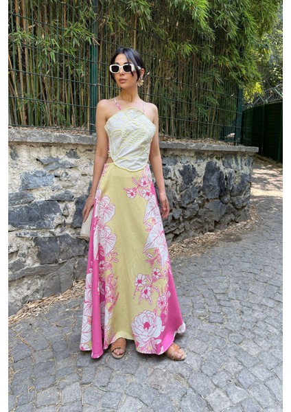 Pembe Renkli Positano Sırt Bağlamalı ve Çiçek Desenli Keten Elbise