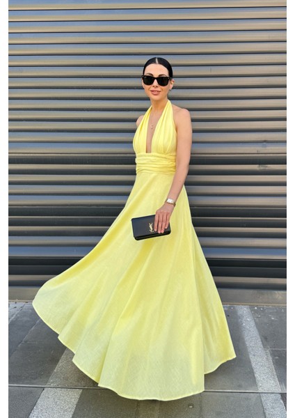 Sarı Puglia Tasarım Sırt Detaylı Keten Elbise