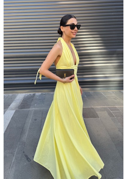 Sarı Puglia Tasarım Sırt Detaylı Keten Elbise fiyatları