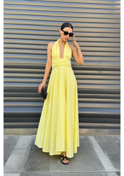 Sarı Puglia Tasarım Sırt Detaylı Keten Elbise fırsatları