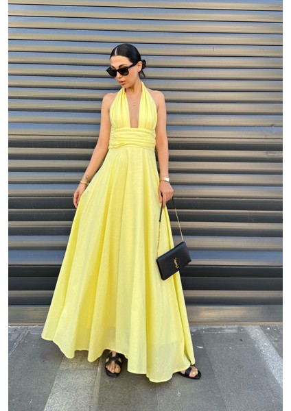 Sarı Puglia Tasarım Sırt Detaylı Keten Elbise indirimleri