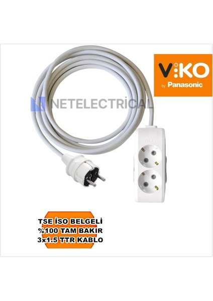 Multi-Let | Ikili 16 Metre Topraklı Çocuk Korumalı Grup Priz - 2'li, 16 M, 3x1.5 Ttr (Tam Bakır) Kablolu