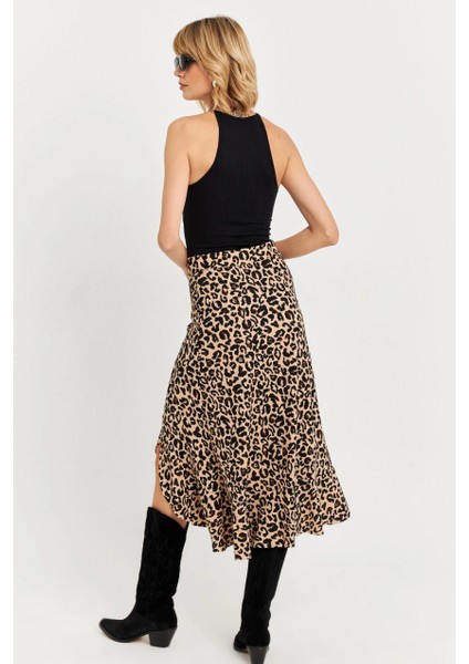 Kadın Camel-Siyah Fırfırlı Asimetrik Leopar Midi Etek LON3011 modelleri