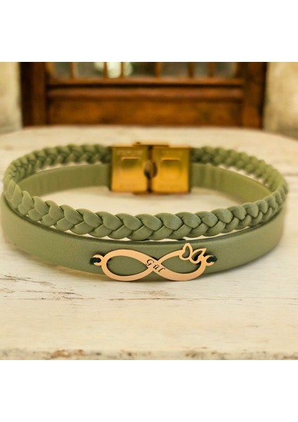 Gül İsmine Özel 14 Ayar Altın Plakalı Zeytin Yeşili Derili Sonsuzluk Motifli Bileklik-490İsim fiyatları